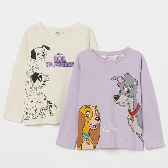 H&M Girls Disney 101 Dalmatians & Lady & the Tramp Long Sleeve 2 Shirt Set NEW - Picture 1 of 13